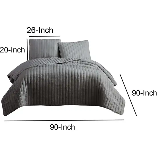3 Piece Crinkles Queen Size Coverlet Set with Vertical Stitching, Gray Photo 6