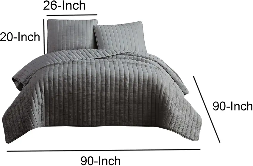 3 Piece Crinkles Queen Size Coverlet Set with Vertical Stitching, Gray Photo 6