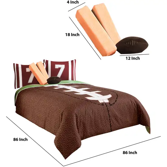 6 Piece Full Comforter Set with Football Field Print, Brown and Green Photo 6