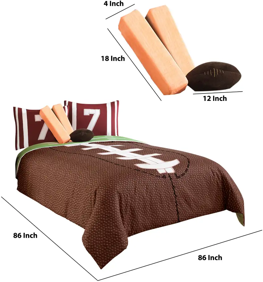 6 Piece Full Comforter Set with Football Field Print, Brown and Green Photo 6