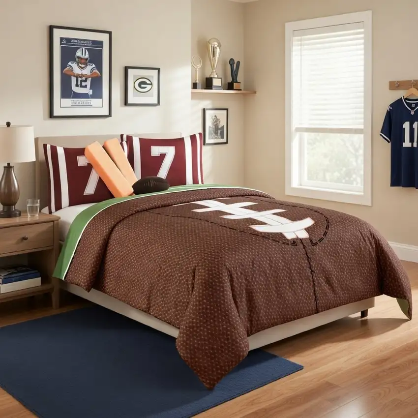 6 Piece Full Comforter Set with Football Field Print, Brown and Green Photo 7