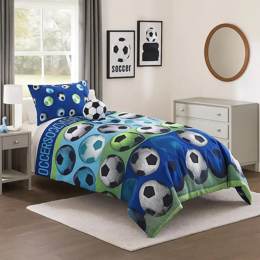 4 Piece Full Size Comforter Set with Soccer Theme, Multicolor Photo 7