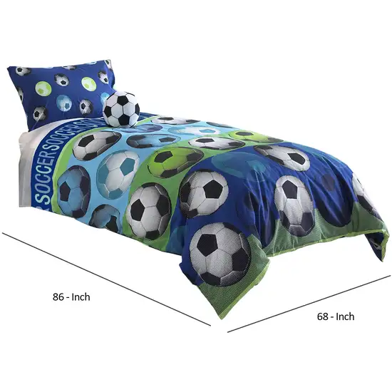 4 Piece Full Size Comforter Set with Soccer Theme, Multicolor Photo 6