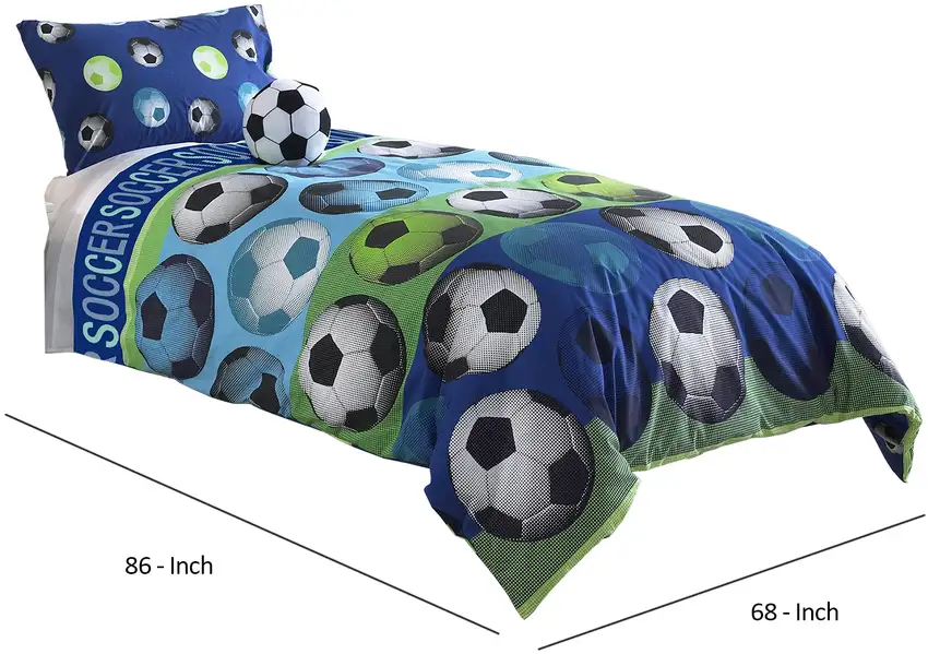 4 Piece Full Size Comforter Set with Soccer Theme, Multicolor Photo 6