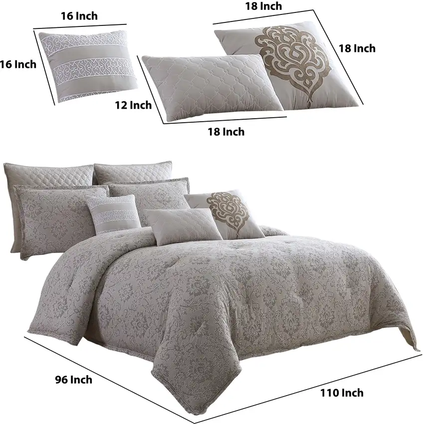 10 Piece King Cotton Comforter Set with Textured Floral Print, Gray Photo 6