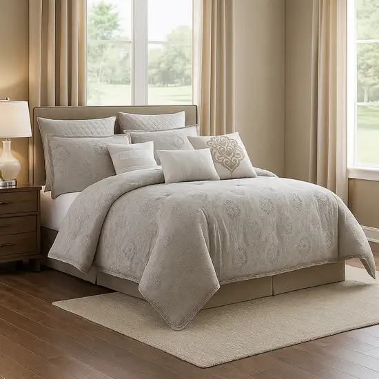 10 Piece King Cotton Comforter Set with Textured Floral Print, Gray Photo 7