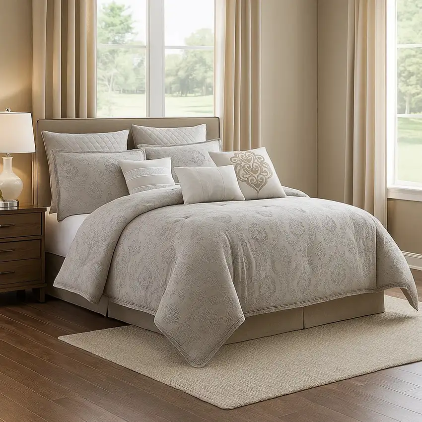 10 Piece King Cotton Comforter Set with Textured Floral Print, Gray Photo 7