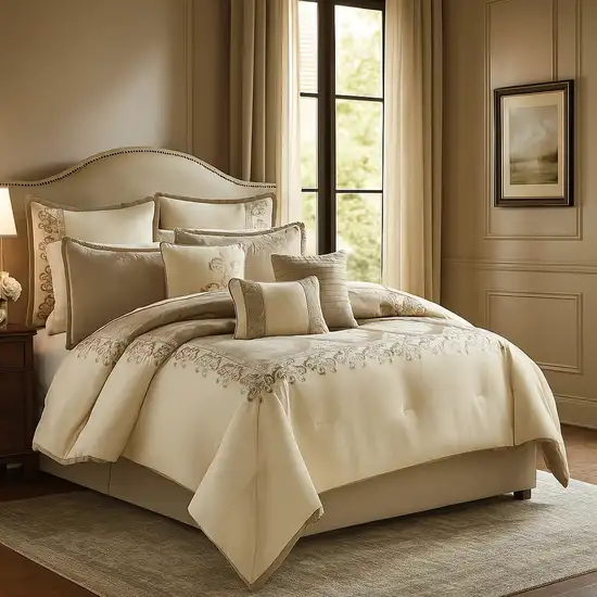 10 Piece King Polyester Comforter Set with Damask Print, Cream and Gold Photo 7