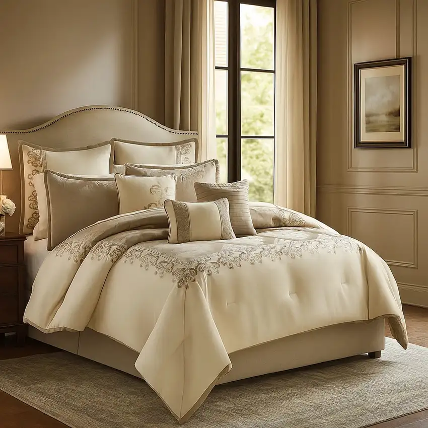 10 Piece King Polyester Comforter Set with Damask Print, Cream and Gold Photo 7