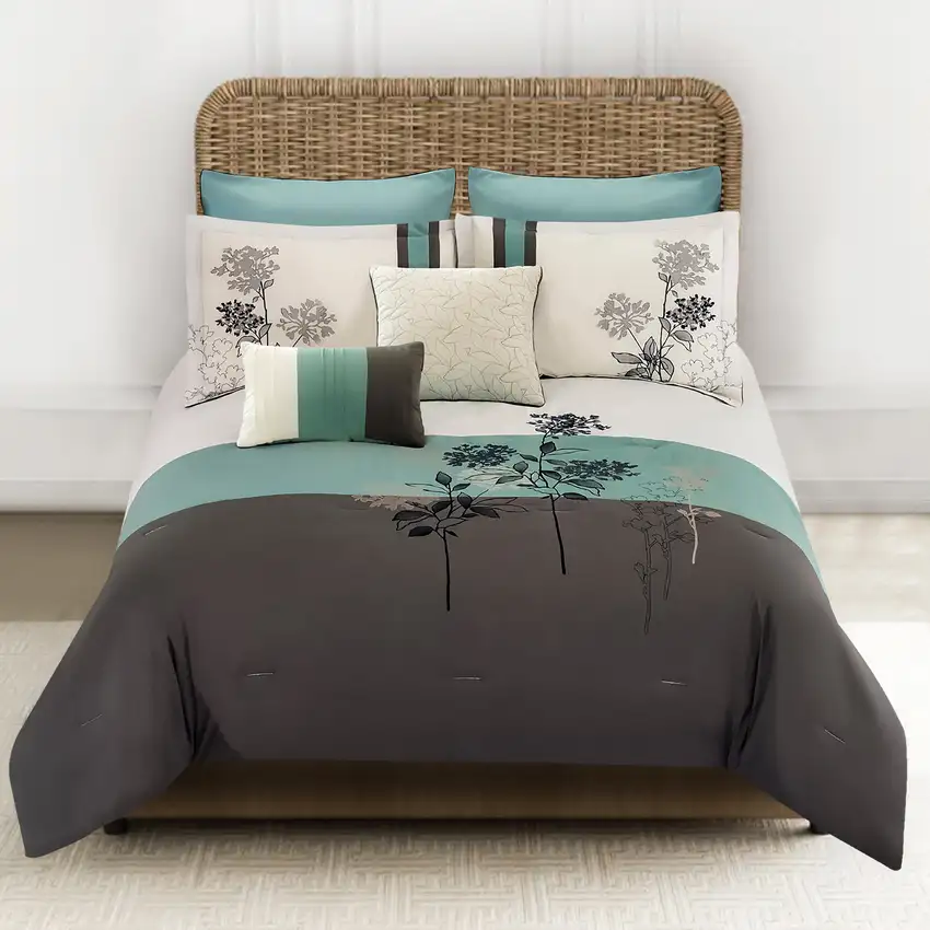 8 Piece King Polyester Comforter Set with Floral Embroidery, Multicolor Photo 6