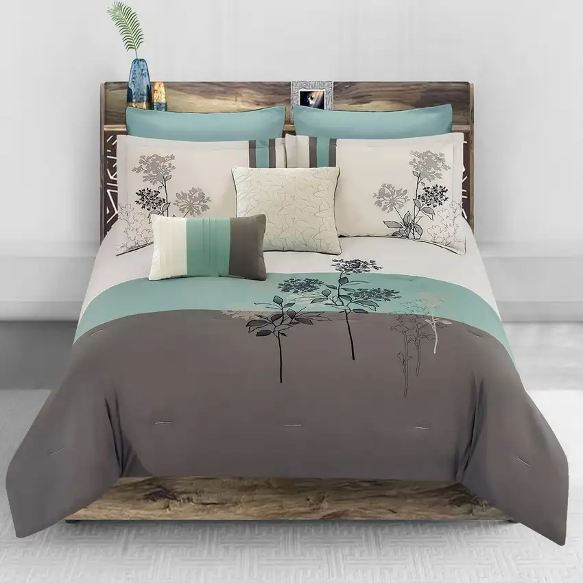 8 Piece King Polyester Comforter Set with Floral Embroidery, Multicolor Photo 7