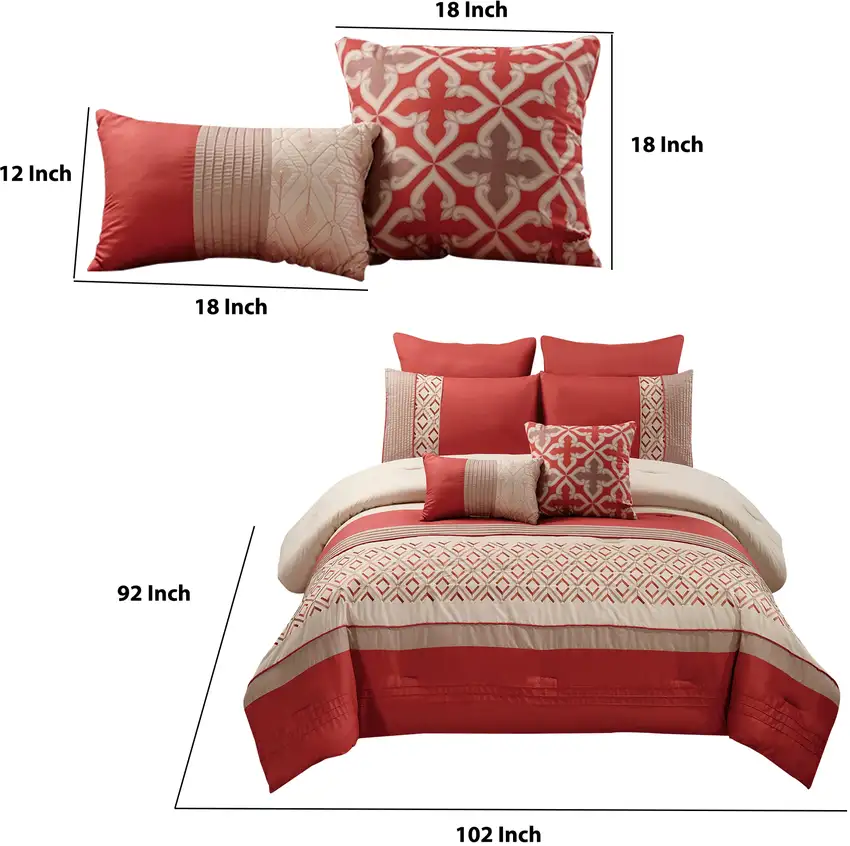 8 Piece King Polyester Comforter Set with Geometric Embroidery, Orange Photo 6