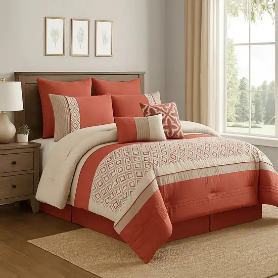 8 Piece King Polyester Comforter Set with Geometric Embroidery, Orange Photo 7