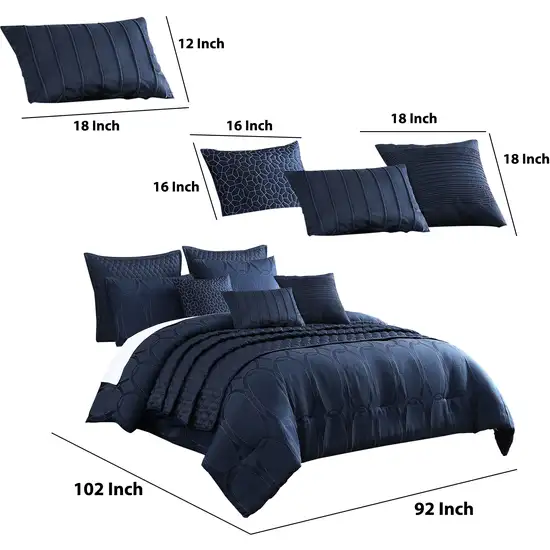 10 Piece King Polyester Comforter Set with Geometric Oblong Print, Dark Blue Photo 6