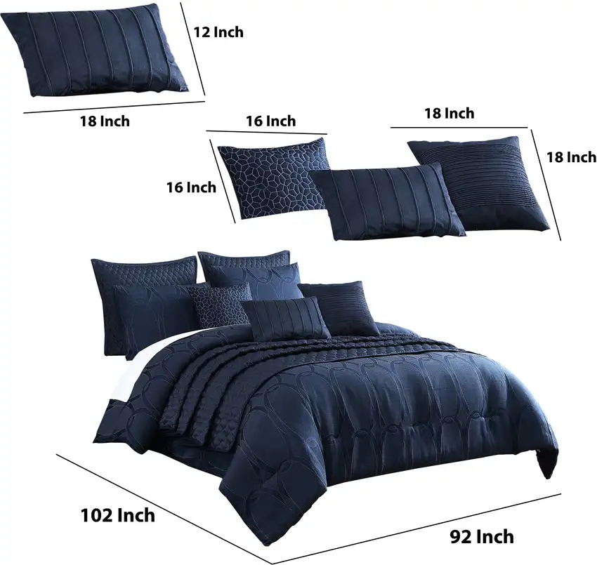 10 Piece King Polyester Comforter Set with Geometric Oblong Print, Dark Blue Photo 6