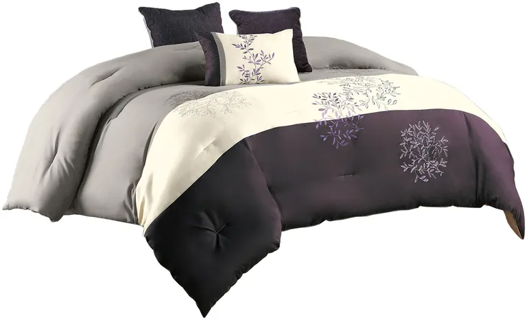 7 Piece King Polyester Comforter Set with Leaf Embroidery Photo 1