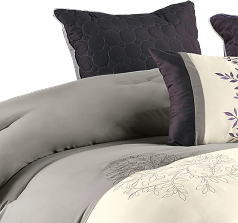 7 Piece King Polyester Comforter Set with Leaf Embroidery Photo 3
