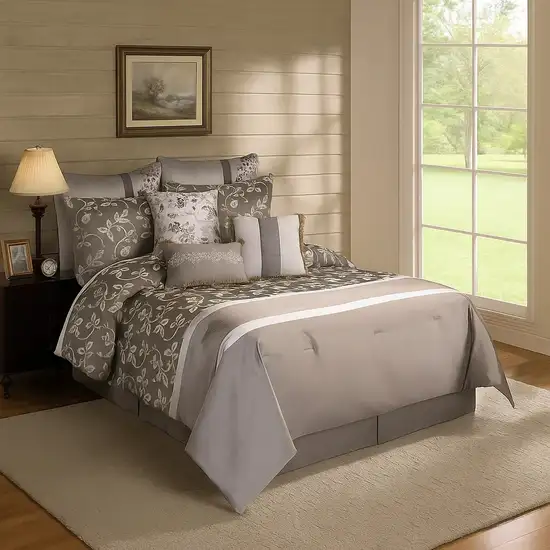 10 Piece King Polyester Comforter Set with Leaf Print, Platinum Gray Photo 7