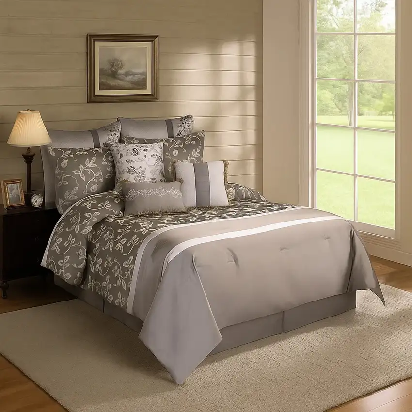 10 Piece King Polyester Comforter Set with Leaf Print, Platinum Gray Photo 7