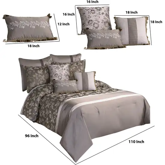 10 Piece King Polyester Comforter Set with Leaf Print, Platinum Gray Photo 6