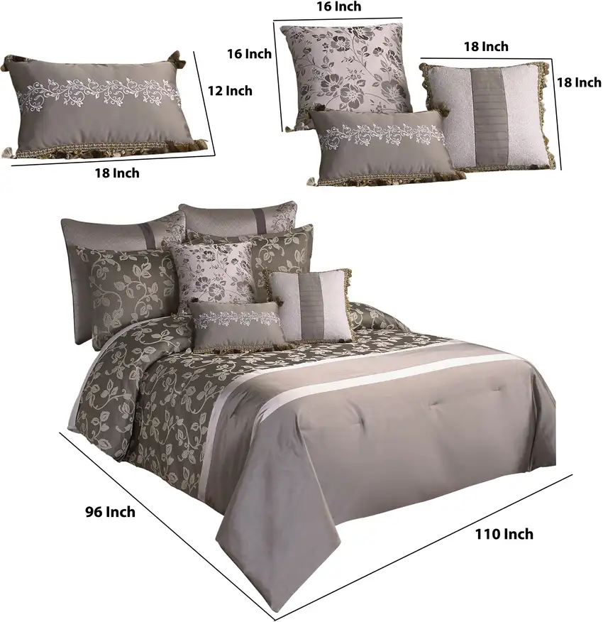 10 Piece King Polyester Comforter Set with Leaf Print, Platinum Gray Photo 6