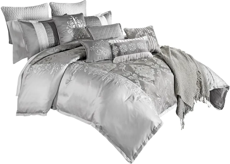 12 Piece King Polyester Comforter Set with Medallion Print, Platinum Photo 1