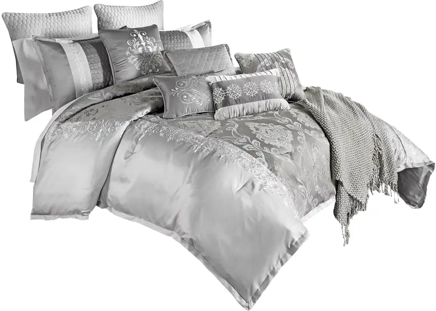 12 Piece King Polyester Comforter Set with Medallion Print, Platinum Photo 1