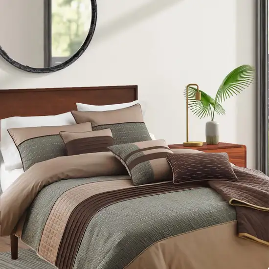 7 Piece King Polyester Comforter Set with Pleats and Texture, Gray and Brown Photo 7