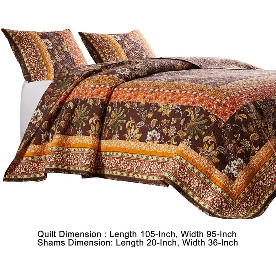 3 Piece King Quilt Set, Bohemian, Jacobean Floral Print Photo 5