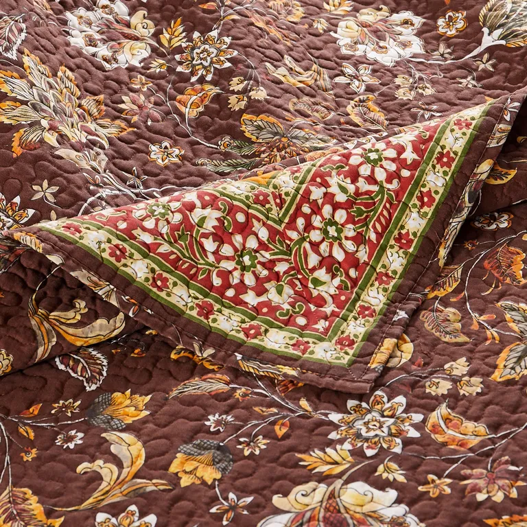 3 Piece King Quilt Set, Bohemian, Jacobean Floral Print Photo 4