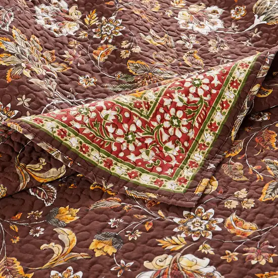 3 Piece King Quilt Set, Bohemian, Jacobean Floral Print Photo 4
