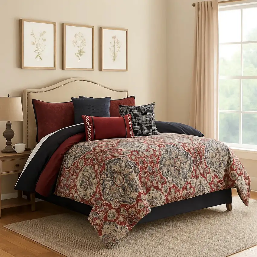 10 Piece King Size Comforter Set with Medallion Print, Red and Blue Photo 7