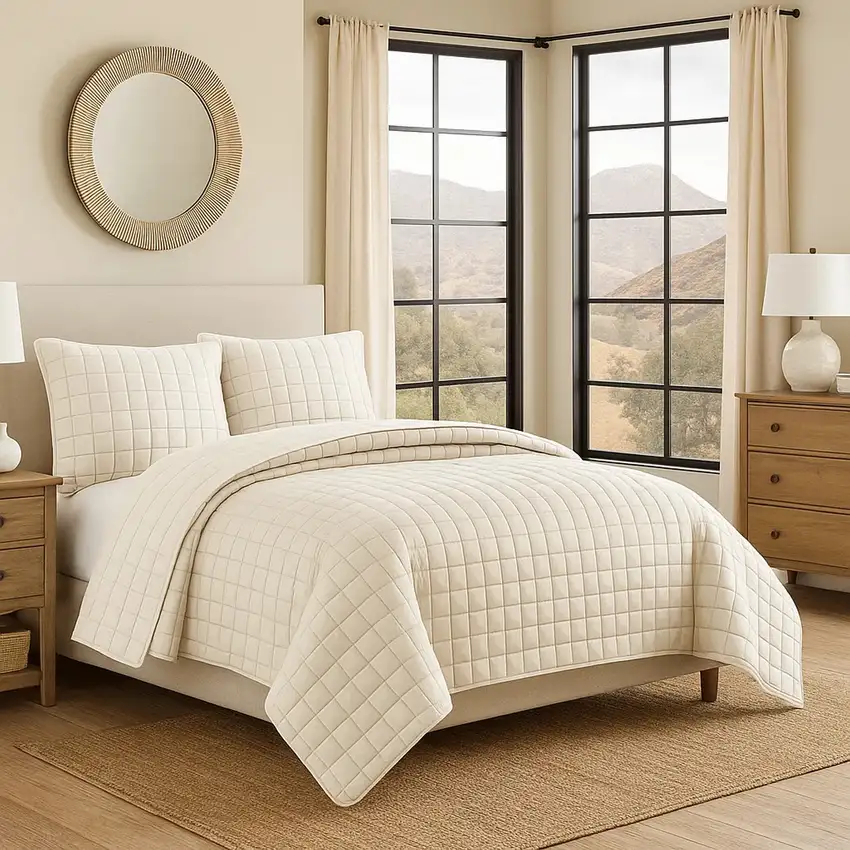 3 Piece King Size Coverlet Set with Stitched Square Pattern, Cream Photo 7