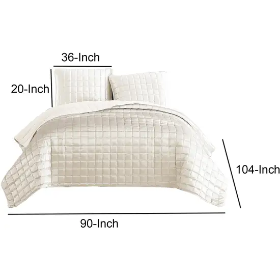 3 Piece King Size Coverlet Set with Stitched Square Pattern, Cream Photo 6