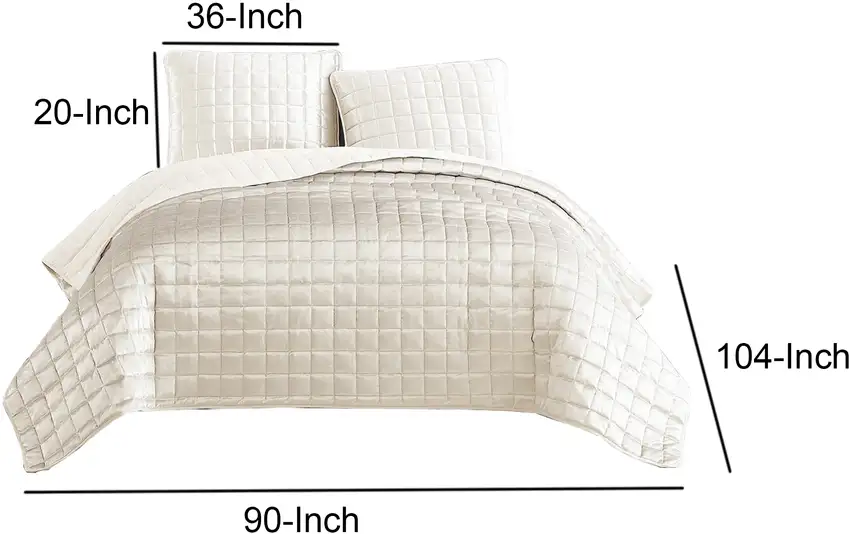 3 Piece King Size Coverlet Set with Stitched Square Pattern, Cream Photo 6