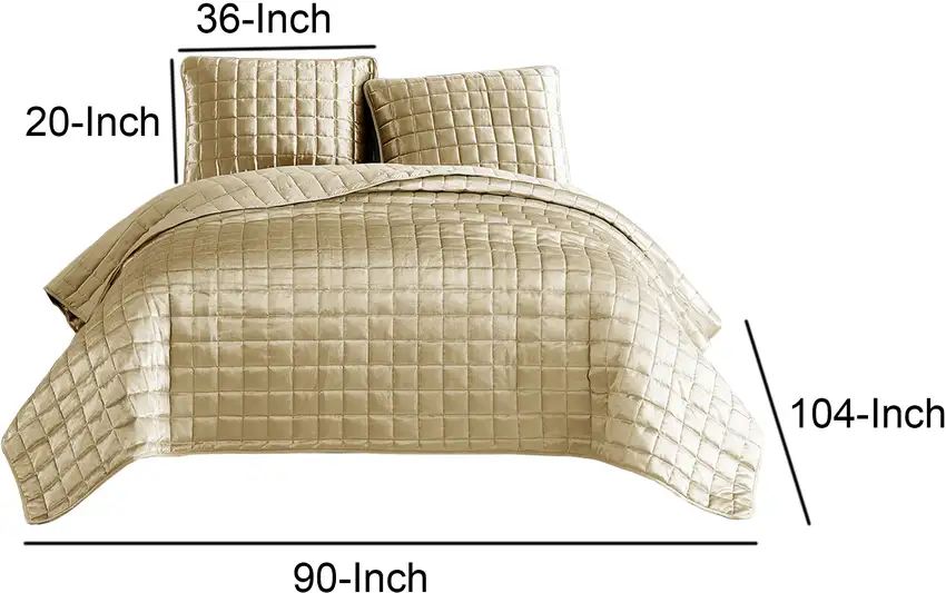 3 Piece King Size Coverlet Set with Stitched Square Pattern, Gold Photo 6
