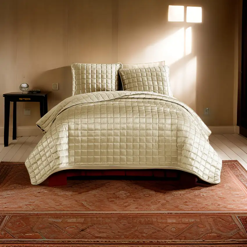 3 Piece King Size Coverlet Set with Stitched Square Pattern, Gold Photo 7