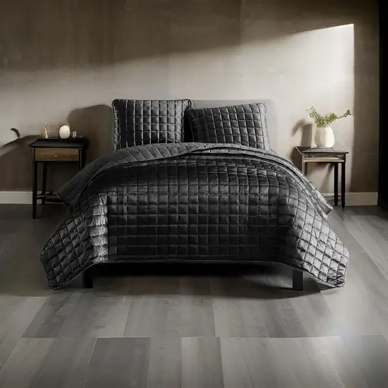 3 Piece King Size Coverlet Set with Stitched Square Pattern, Dark Gray Photo 7