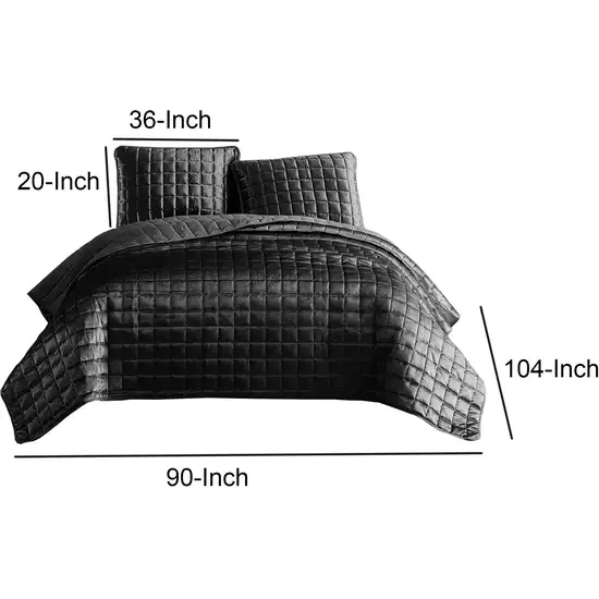 3 Piece King Size Coverlet Set with Stitched Square Pattern, Dark Gray Photo 6