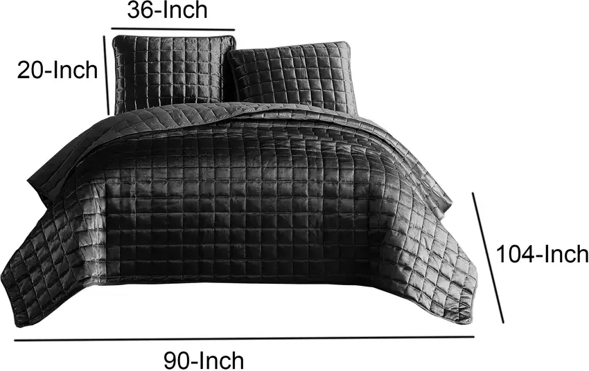 3 Piece King Size Coverlet Set with Stitched Square Pattern, Dark Gray Photo 6
