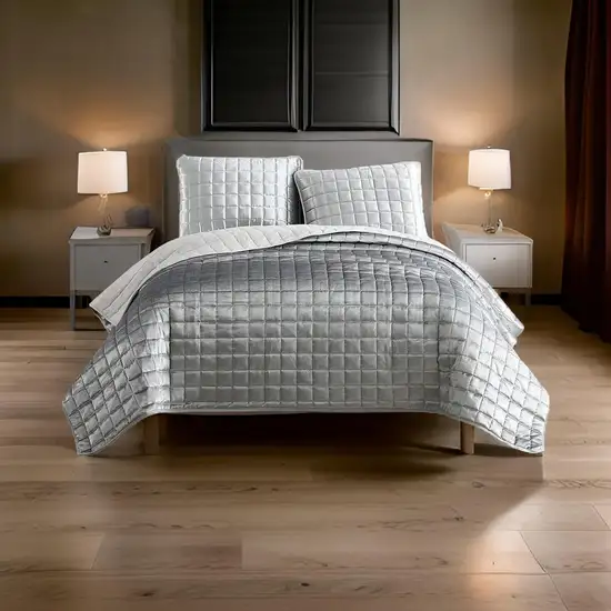 3 Piece King Size Coverlet Set with Stitched Square Pattern, Silver Photo 7