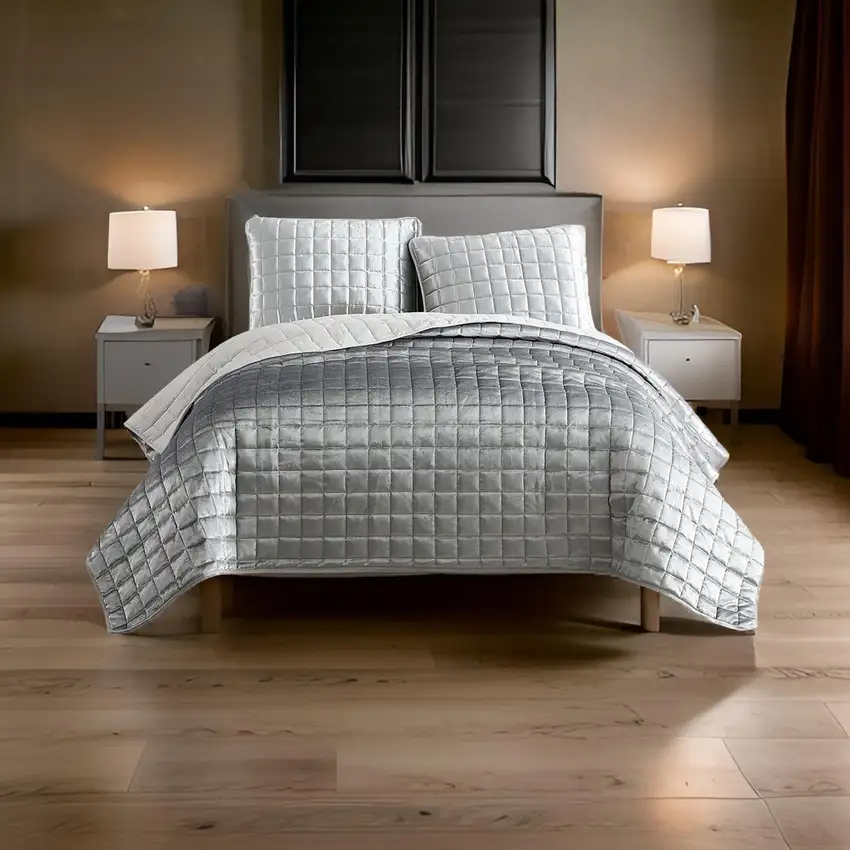 3 Piece King Size Coverlet Set with Stitched Square Pattern, Silver Photo 7