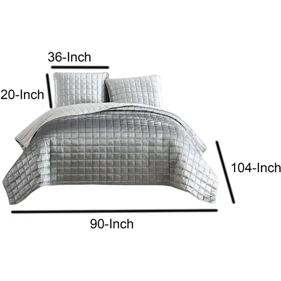 3 Piece King Size Coverlet Set with Stitched Square Pattern, Silver Photo 6