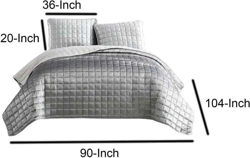 3 Piece King Size Coverlet Set with Stitched Square Pattern, Silver Photo 6