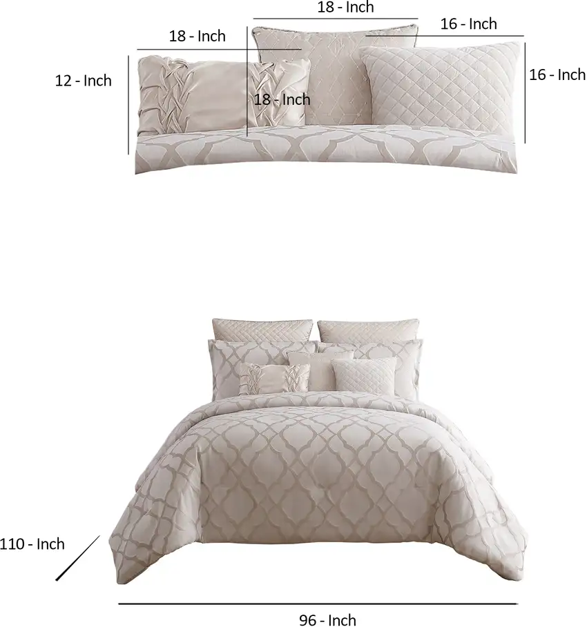 10 Piece King Size Fabric Comforter Set with Quatrefoil Prints, White Photo 6