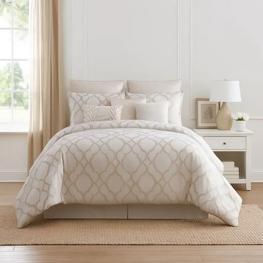 10 Piece King Size Fabric Comforter Set with Quatrefoil Prints, White Photo 7