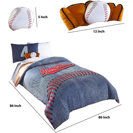 6 Piece Polyester Full Comforter Set with Baseball Inspired Print, Blue Photo 6