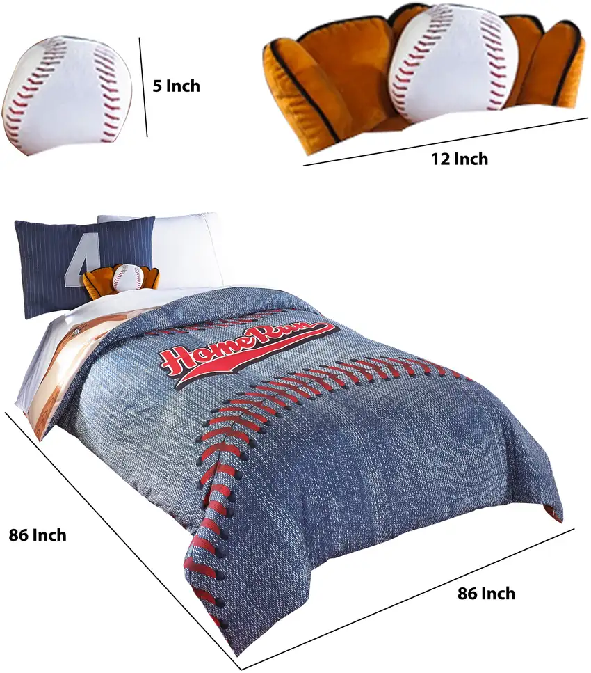 6 Piece Polyester Full Comforter Set with Baseball Inspired Print, Blue Photo 6