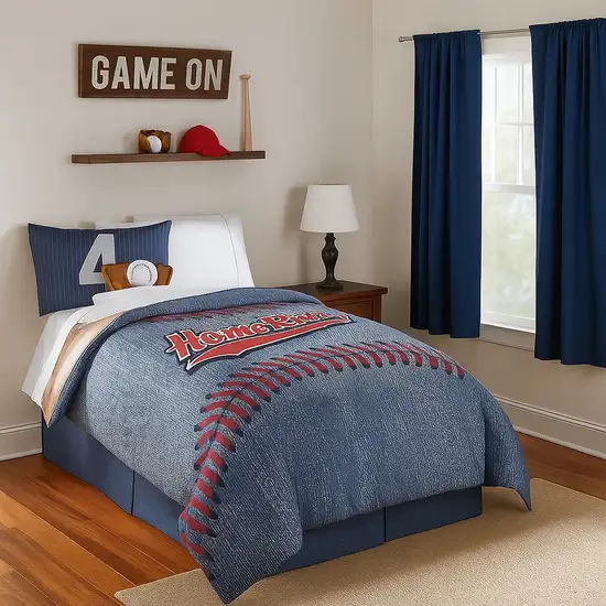 6 Piece Polyester Full Comforter Set with Baseball Inspired Print, Blue Photo 7