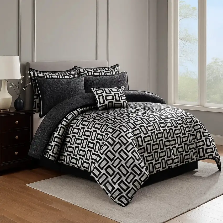 6 Piece Polyester King Comforter Set with Geometric Print, Gray and Black Photo 6